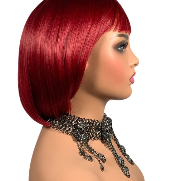 Natasha Gunmetal Pave Bib Statement Necklace Skulls Chainmail Choker Goth - Picture 4 of 17